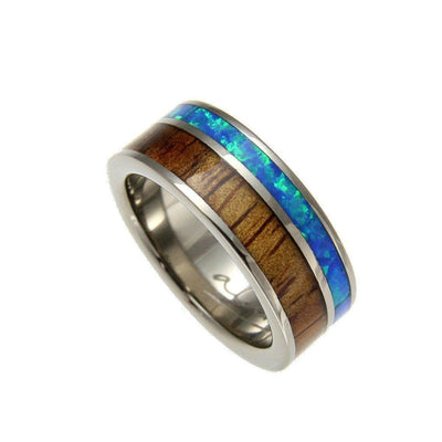 Mens Titanium Wedding Band Genuine Inlay Hawaiian Koa Wood Opal Ring - 8mm