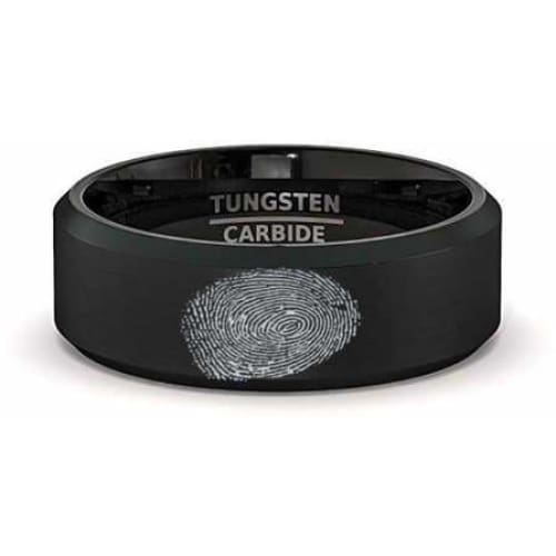 Mens Tungsten Band Classic Black Brushed Beveled Edge Finger Print Laser Engraved- 8mm