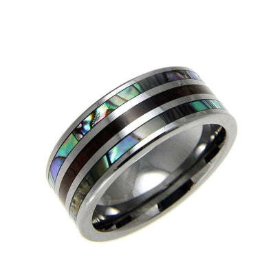 Mens Tungsten Band Ring Genuine Inlay Hawaiian Koa Wood Abalone Shell Comfort Fit - 8mm