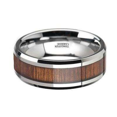 Mens Tungsten Carbide Koa Wood Inlaid Wedding Ring With Beveled Edges 4mm - 12 mm