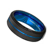 Men’s Tungsten Carbide Ring with Black Brushed Thin Blue Groove Step Edges 8mm