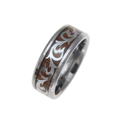 Men’s Tungsten Carbide Ring With Real Hawaiian Koa Wood Inlay Shiny Scroll - 8mm