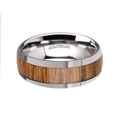 Men’s Tungsten Carbide Wedding Band With Teak Wood Inlay High Polish Edges - 8 mm