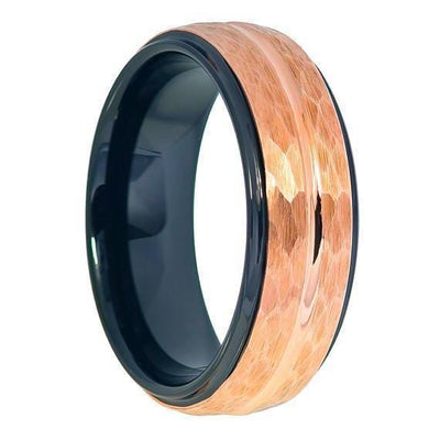 Mens Tungsten Ring Two-Tone Black Inside & Rose Gold Hammered Finish - 8mm