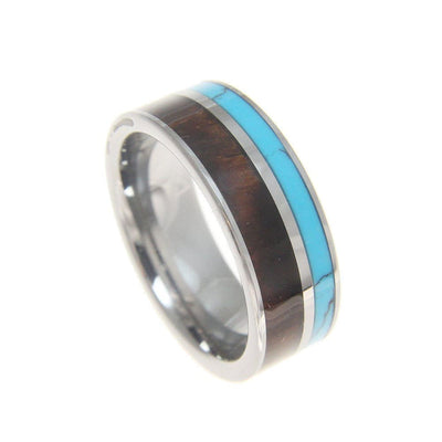 Mens Tungsten Wedding Band Turquoise Hawaiian Koa Wood Comfort Fit Ring - 8mm