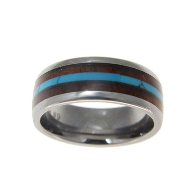 Mens Tungsten Wedding Band Turquoise Hawaiian Koa Wood Comfort Fit Ring - 8mm