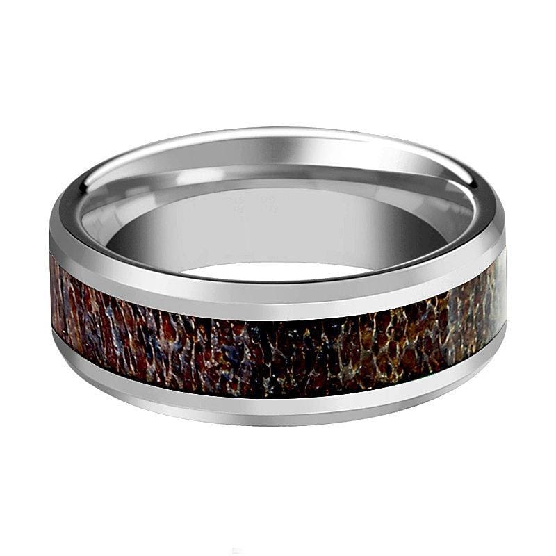 Men’s Tungsten Wedding Band W/ Dark Deer Antler Beveled Polished Finish 8mm