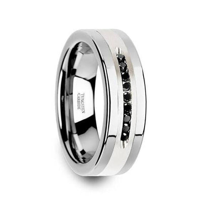 Men’s Tungsten Wedding Band with 9 Channel Set Black Diamonds Silver Inlay - 8mm