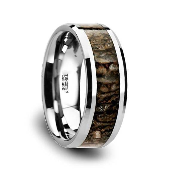 Men’s Tungsten Wedding Band With Dinosaur Bone Inlay Beveled Polished Finish 8mm