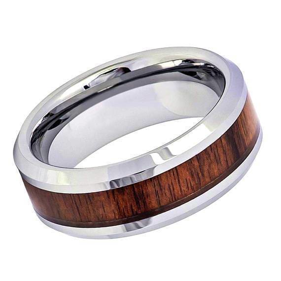 Mens Tungsten Wedding Ring Silver High Polish Koa Wood Inlaid Center - 8mm