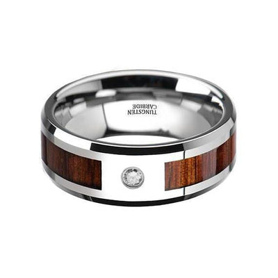 Mens Tungsten Wedding Ring With Koa Wood Inlay Diamond Setting Polished Finish - 8mm