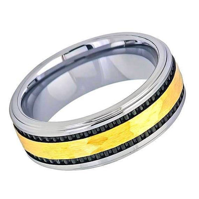 Mens Tungsten Wedding Ring Yellow Gold IP Hammered Center with Black Stripes- 8mm