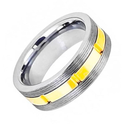 Mens Wedding Tungsten Ring Gun Metal Screw Thread Sides and Yellow Gold Grooved Shiny Center - 8mm