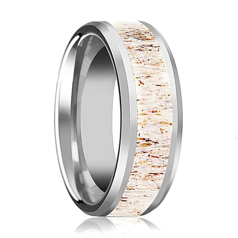 Men’s White Deer Antler Inlay Tungsten Wedding Band Beveled Polish Finish - 8mm