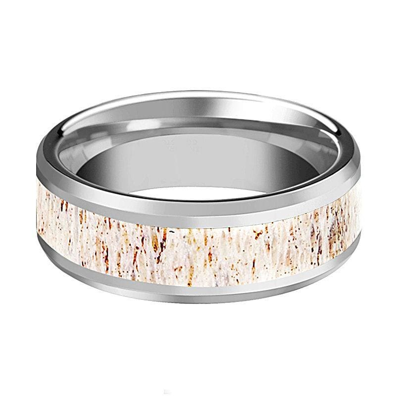 Men’s White Deer Antler Inlay Tungsten Wedding Band Beveled Polish Finish - 8mm