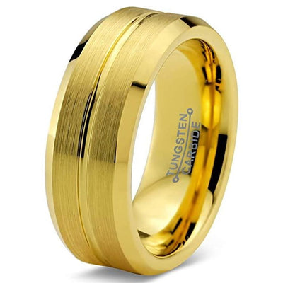 Men’s Yellow Gold IP Tungsten Wedding Ring Bevel Edges and Grooved Center - 8mm