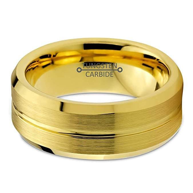 Men’s Yellow Gold IP Tungsten Wedding Ring Bevel Edges and Grooved Center - 8mm