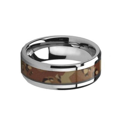 Military Camo Tungsten Wedding Ring Polished Finish Beveled Desert - 8mm