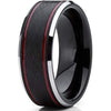 Mobridge Thin Red Grooved Silver Beveled Edges Black Tungsten Ring For Men 8mm