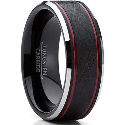 Mobridge Thin Red Grooved Silver Beveled Edges Black Tungsten Ring For Men 8mm