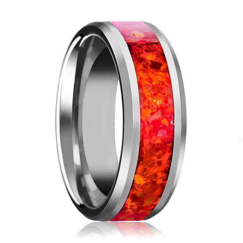 MONTROSE Red Opal Inlaid Tungsten Ring Beveled Finish Unisex 4mm - 8mm