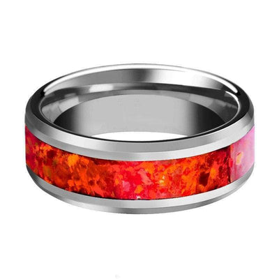 MONTROSE Red Opal Inlaid Tungsten Ring Beveled Finish Unisex 4mm - 8mm