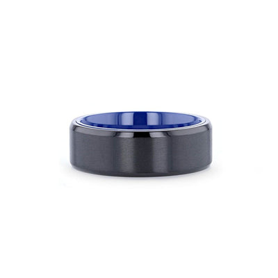 MOSCOW Beveled Black Titanium Ring Brushed Center & Vibrant Blue Inside 8 mm