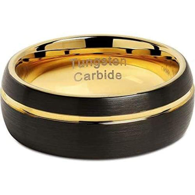 Niles Grooved Yellow Gold Inlaid Domed Black Tungsten Carbide Ring - 8mm