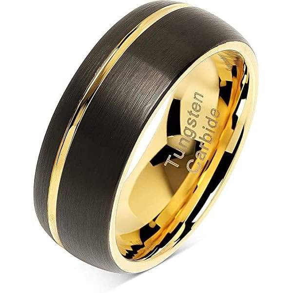 Niles Grooved Yellow Gold Inlaid Domed Black Tungsten Carbide Ring - 8mm