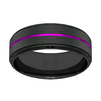 PALLAS Men’s Black Tungsten Wedding Band with Thin Purple Grooved Center 8mm