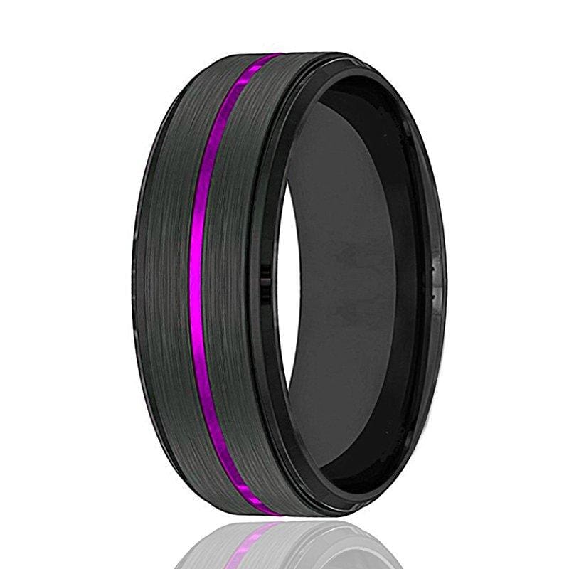 PALLAS Men’s Black Tungsten Wedding Band with Thin Purple Grooved Center 8mm