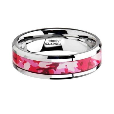 Pink and White Camouflage Tungsten Wedding Ring Beveled Polished Finish - 6mm & 8mm