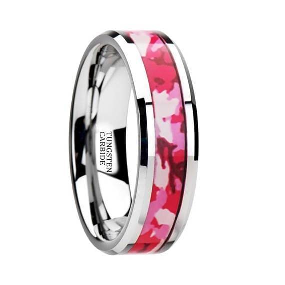 Pink and White Camouflage Tungsten Wedding Ring Beveled Polished Finish - 6mm & 8mm