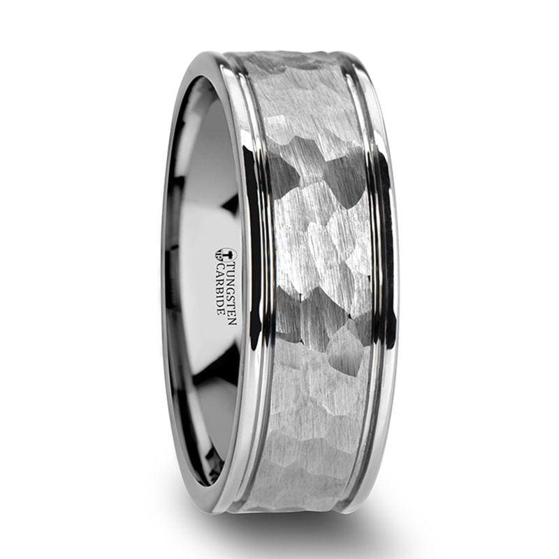 PLUTO Hammered Finish Center Tungsten Ring With Dual Offset Grooves 6mm - 8mm