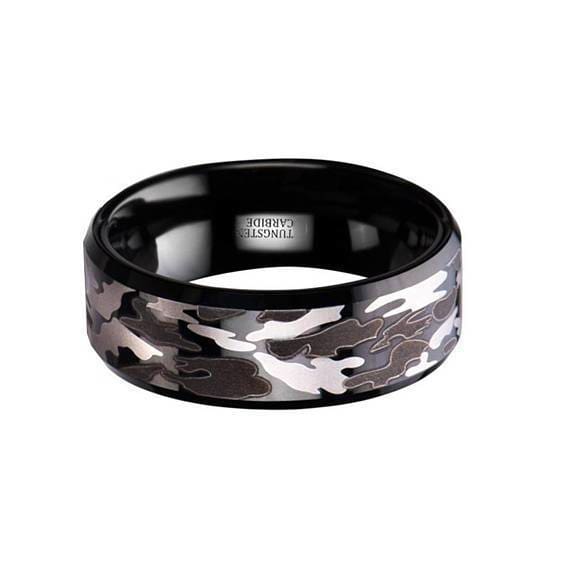 Polished Finish Beveled Tungsten Wedding Ring Black and Gray Camo - 8mm