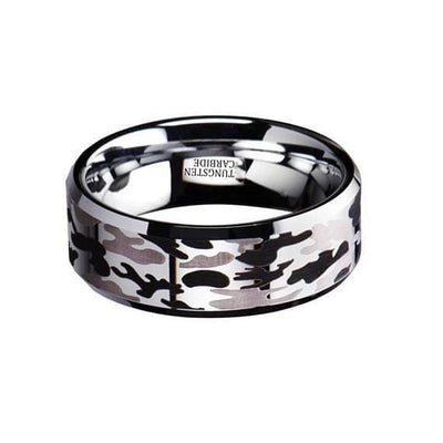 Polished Finish Black & Gray Tungsten Wedding Camo Ring Beveled Edges- 8mm