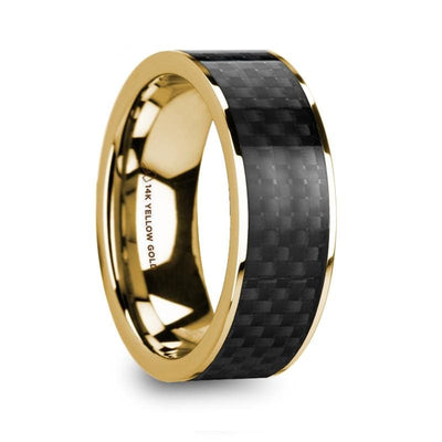 Qeshaun 14k Yellow Gold Men’s Wedding Ring with Black Carbon Fiber Inlay Polished - 8mm