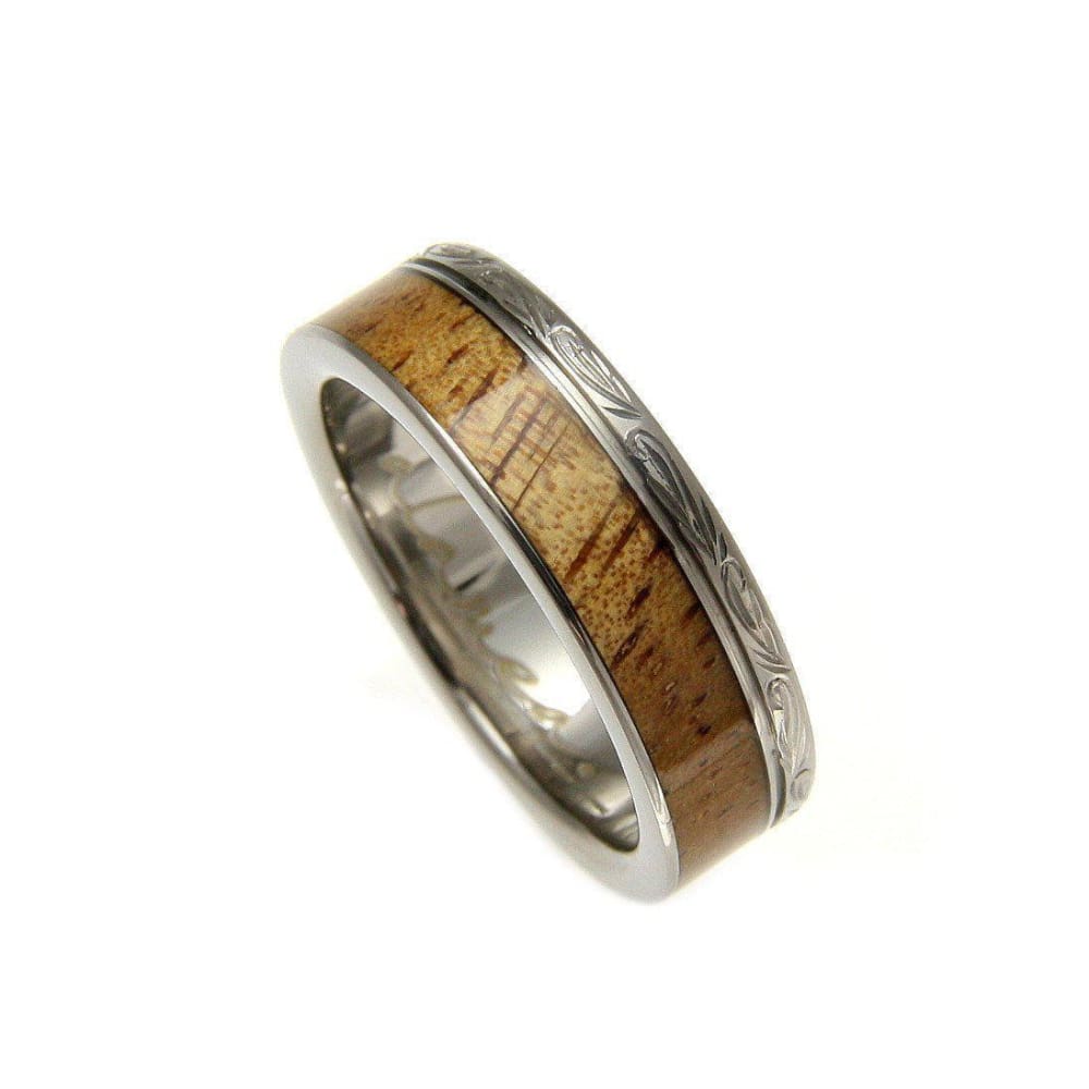 Radley Titanium Scroll Wedding Band Genuine Inlay Hawaiian Koa Wood Ring - 6mm