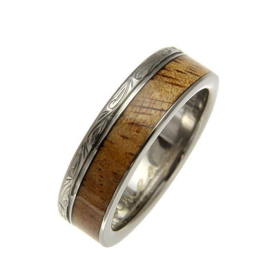 Radley Titanium Scroll Wedding Band Genuine Inlay Hawaiian Koa Wood Ring - 6mm