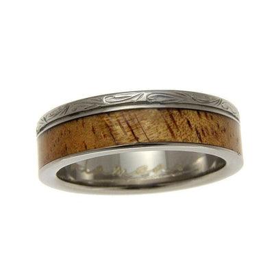 Radley Titanium Scroll Wedding Band Genuine Inlay Hawaiian Koa Wood Ring - 6mm