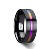 RAINBOW Black Ceramic Wedding Band Set W/ Rainbow Grooved And Brushed 4mm - 8mm