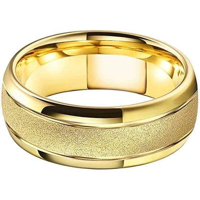 Raton Beveled Yellow Gold Inlaid Tungsten Ring Domed Sandblasted Finish - 8mm