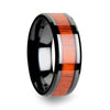 Real Padauk Wood Inlaid Black Ceramic Wedding Band With Polished Bevels 6mm-10mm