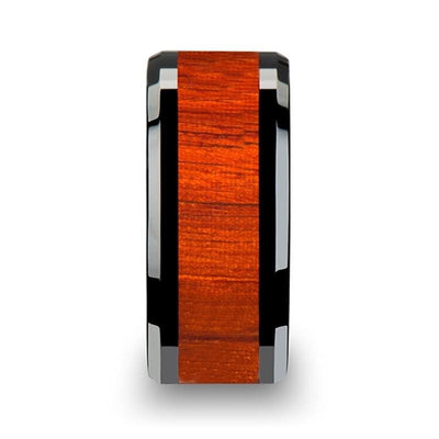 Real Padauk Wood Inlaid Black Ceramic Wedding Band With Polished Bevels 6mm-10mm