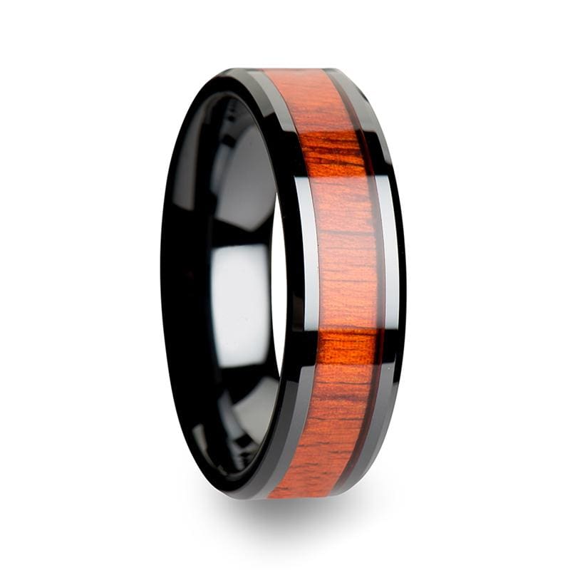 Real Padauk Wood Inlaid Black Ceramic Wedding Band With Polished Bevels 6mm-10mm