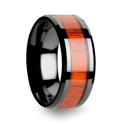 Real Padauk Wood Inlaid Black Ceramic Wedding Band With Polished Bevels 6mm-10mm