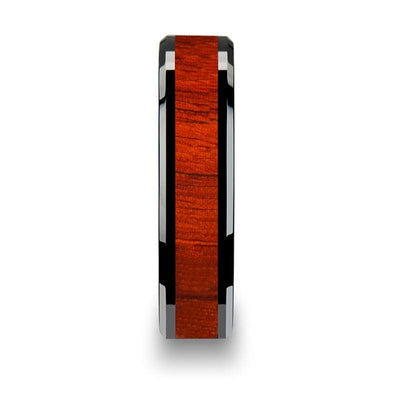 Real Padauk Wood Inlaid Black Ceramic Wedding Band With Polished Bevels 6mm-10mm