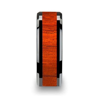 Real Padauk Wood Inlaid Black Ceramic Wedding Band With Polished Bevels 6mm-10mm