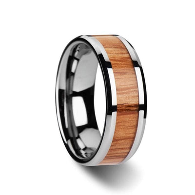 Red Oak Wood Inlaid Tungsten Carbide Wedding Ring With Beveled Edges 6mm-10mm