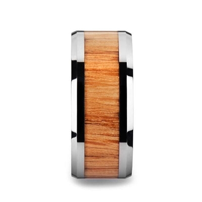 Red Oak Wood Inlaid Tungsten Carbide Wedding Ring With Beveled Edges 6mm-10mm